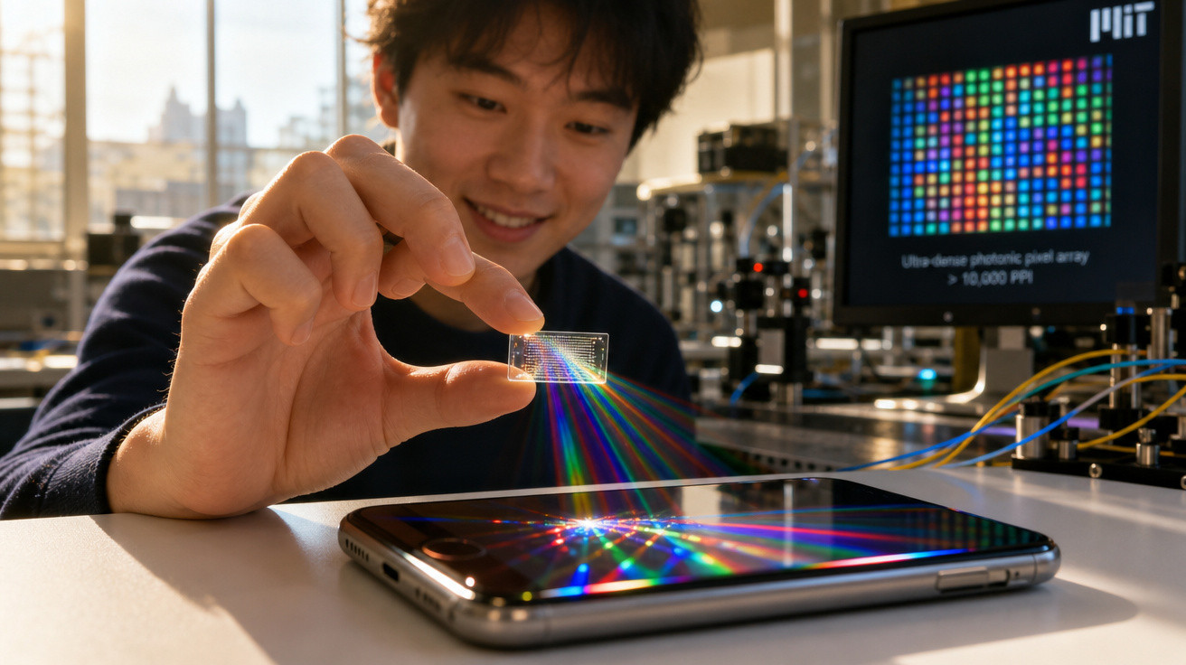 Pessoa segurando chip que projeta luzes coloridas sobre tela de smartphone em laboratório tecnológico.