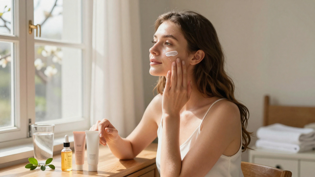 Mulher aplica creme facial sentada perto de janela com produtos de skincare sobre a mesa.