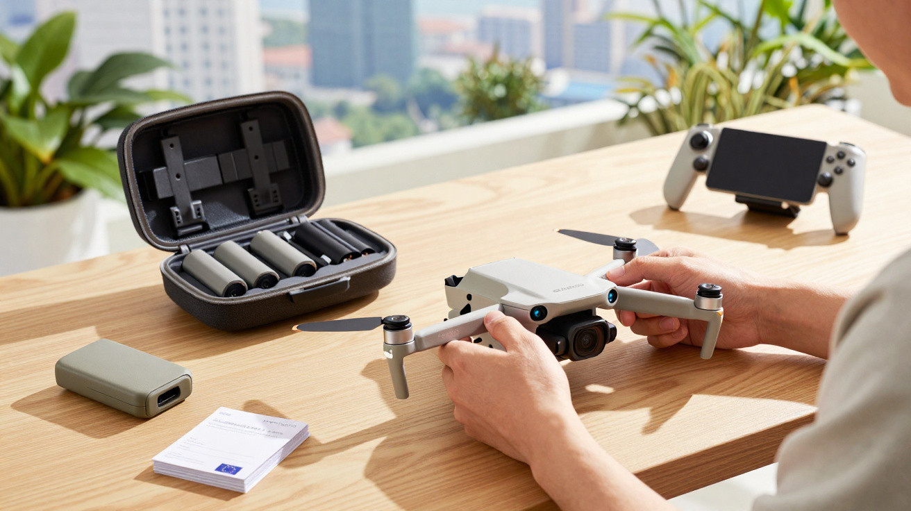 Pessoa segurando drone cinza sobre mesa de madeira com controle de videogame e estojo aberto ao fundo.