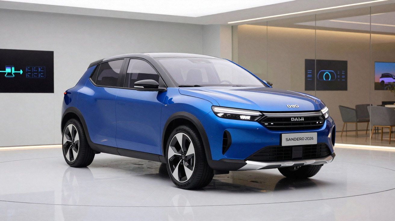 Carro azul elétrico hatchback Dacia Sandero 2026 exposto em ambiente moderno e iluminado.