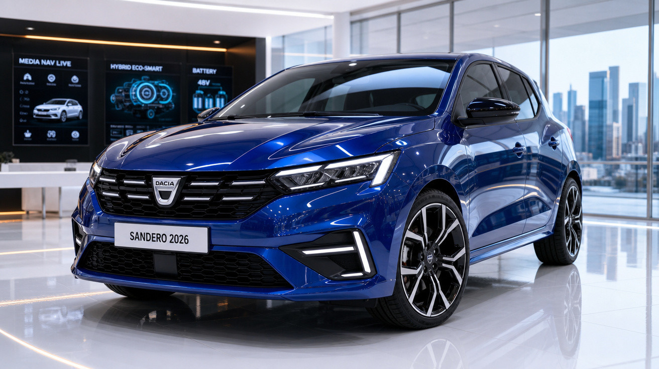 Carro Dacia Sandero 2026 azul exibido em showroom moderno com janelas grandes e vista urbana ao fundo.