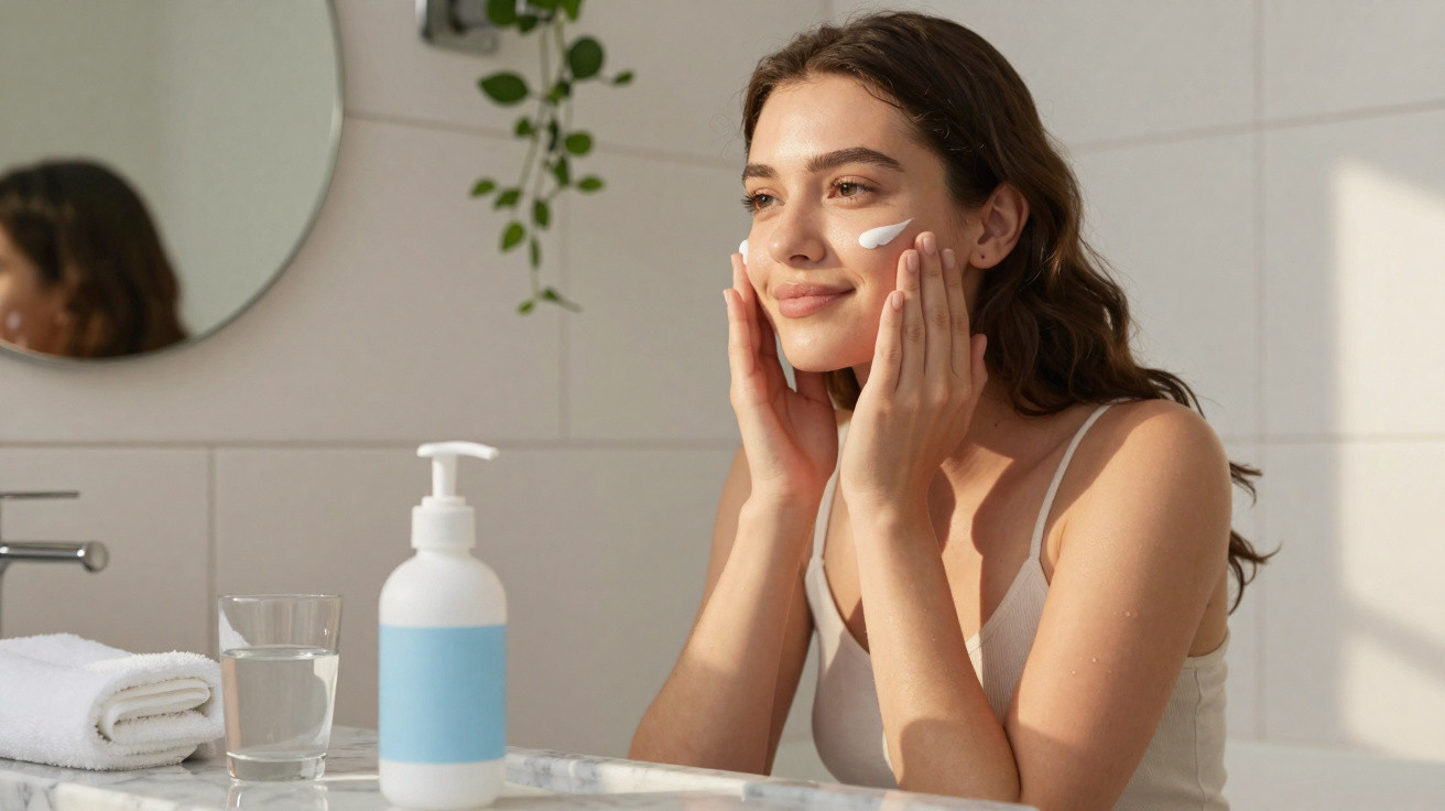 Mulher aplicando creme facial no rosto em banheiro moderno com espelho e toalha branca ao lado.