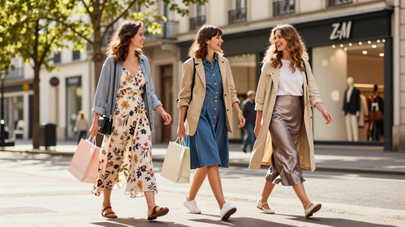 Três mulheres jovens caminhando e sorrindo em rua de compras, todas elegantemente vestidas e carregando sacolas.