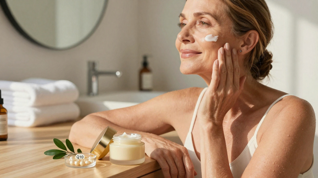 Mulher madura aplicando creme facial perto de frascos de cosméticos em ambiente claro e aconchegante.