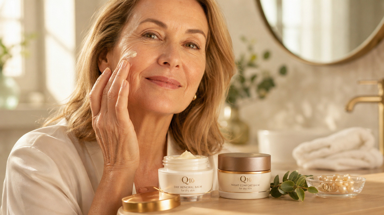 Mulher aplicando creme facial ao lado de potes de produtos de skincare em banheiro iluminado.
