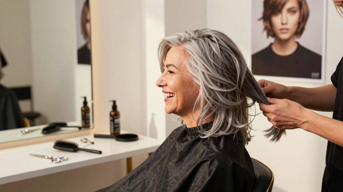 Mulher sorridente de cabelo grisalho sendo atendida em salão de beleza, com cabeleireiro penteando seus cabelos.