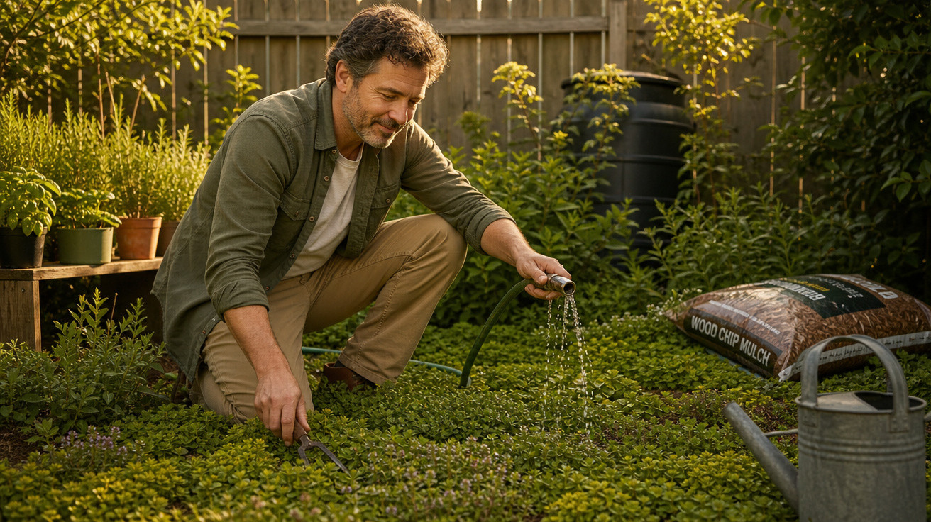 Homem cuidando de plantas e regando jardim em área externa com cercado de madeira ao fundo.