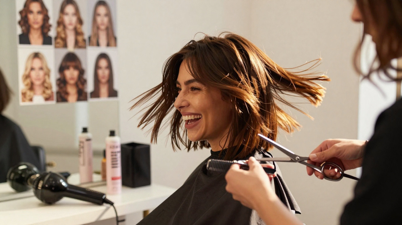Mulher sorrindo enquanto corta o cabelo em salão de beleza com fotos de cortes ao fundo.