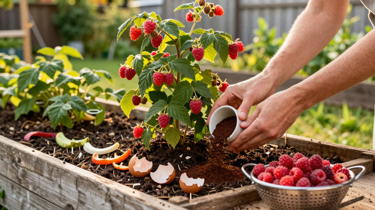Pessoas cultivando framboesas e adicionando composto orgânico com cascas de ovos e restos vegetais no jardim.