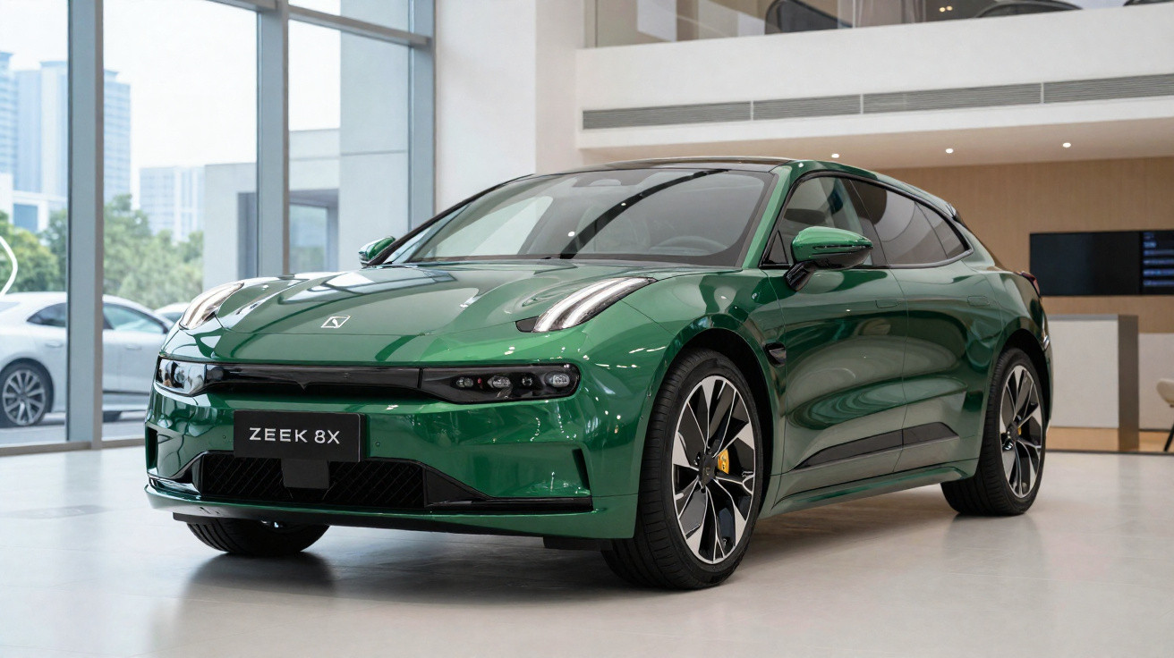 Carro elétrico verde Zeek 8X em showroom moderno com vidros amplos e iluminação natural.