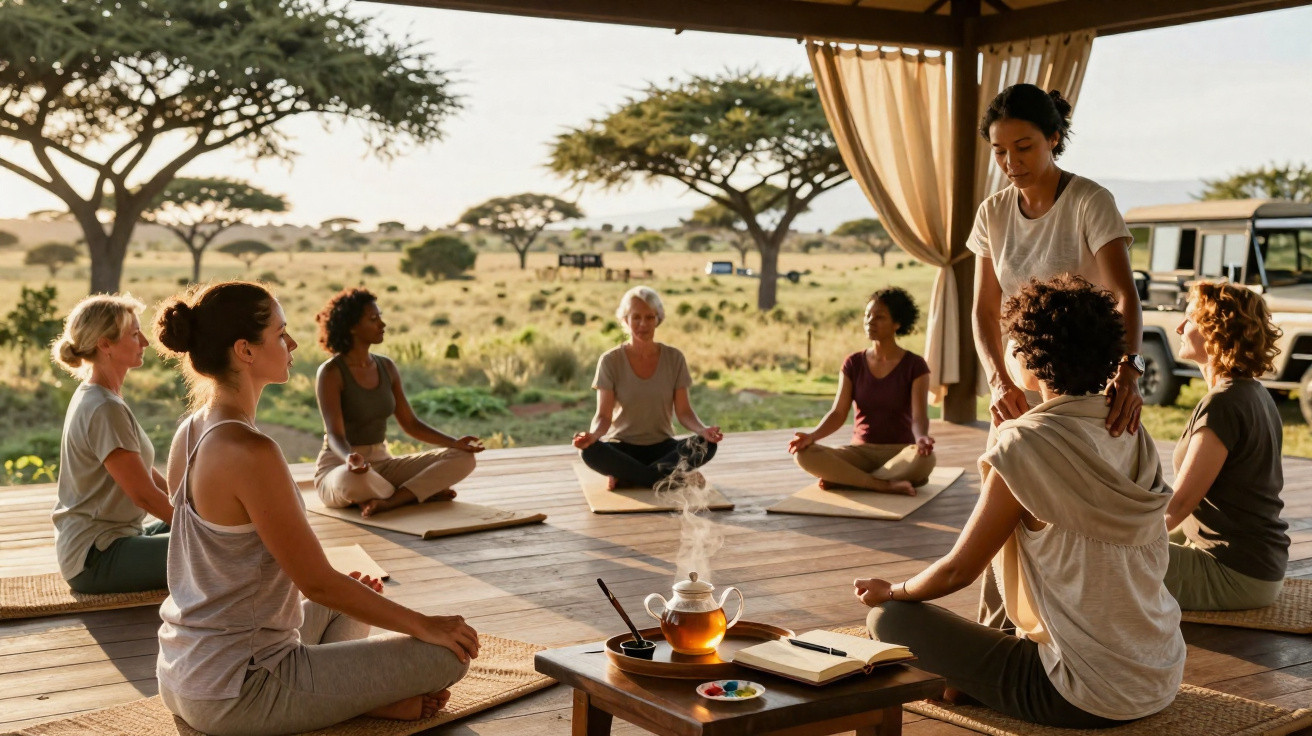 Grupo de mulheres praticando meditação ao ar livre em deck, com chá e caderno em mesa baixa.