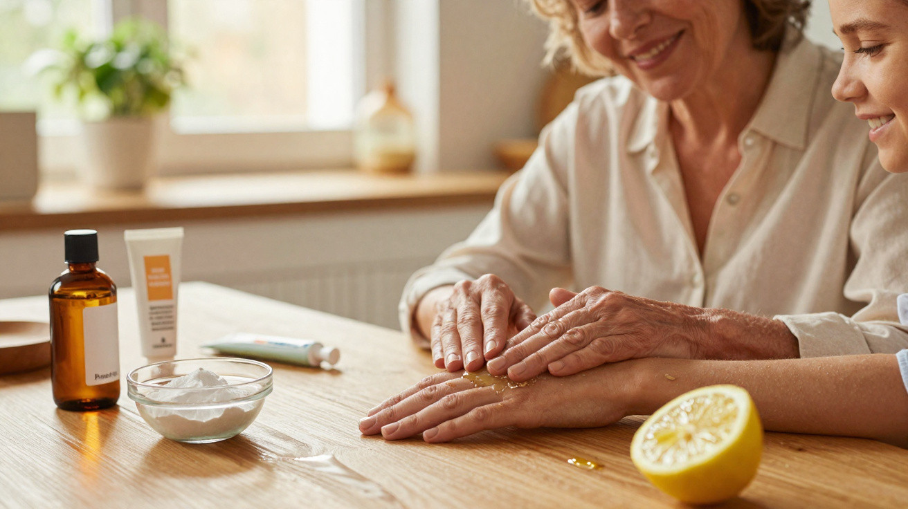 Mulher idosa aplicando creme nas mãos de uma jovem em mesa com produtos de cuidados e limão.