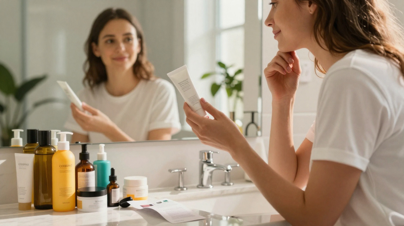 Mulher lendo rótulo de produto de skincare diante do espelho no banheiro com frascos sobre a pia.