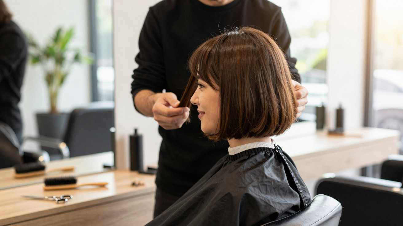 Mulher sorrindo sentada em salão de beleza enquanto cabeleireiro corta seu cabelo curto.