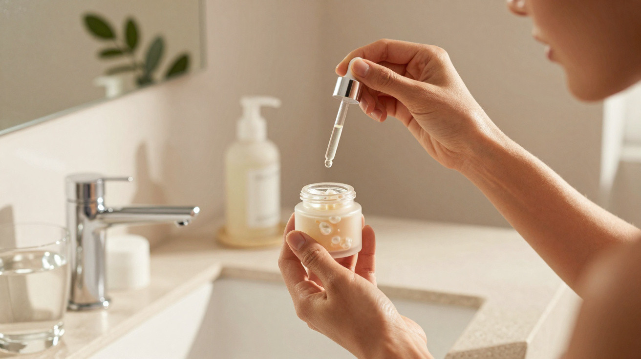 Pessoa segurando frasco de creme facial com conta-gotas em banheiro iluminado e minimalista.
