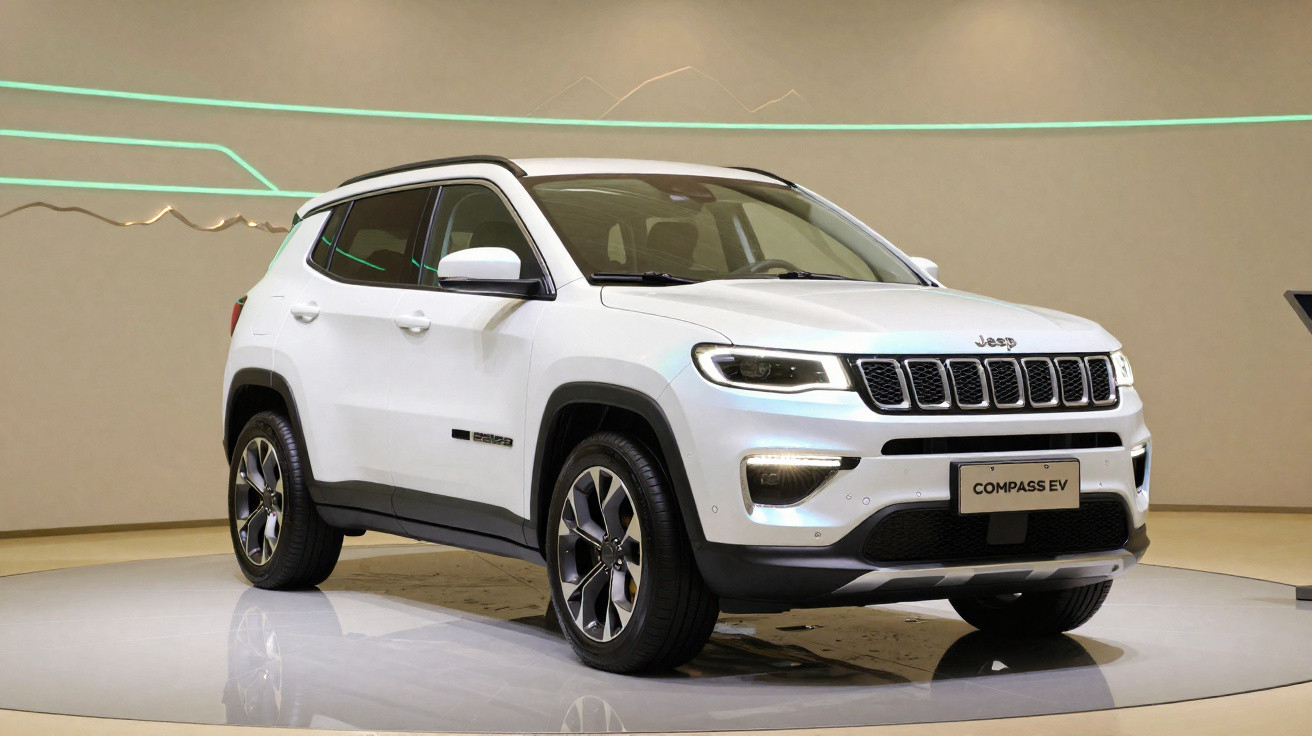 SUV Jeep Compass EV branco em exposição sob iluminação interna.