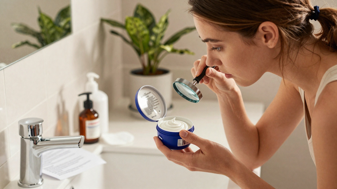 Mulher examina creme facial com lupa em banheiro com bancada e planta ao fundo.