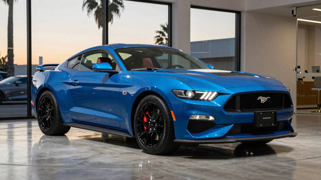 Carro esportivo azul Ford Mustang estacionado em ambiente interno com janelas grandes ao fundo.