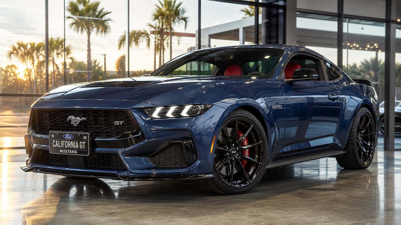 Carro esportivo Ford Mustang GT azul escuro em showroom com rodas pretas e interior vermelho.