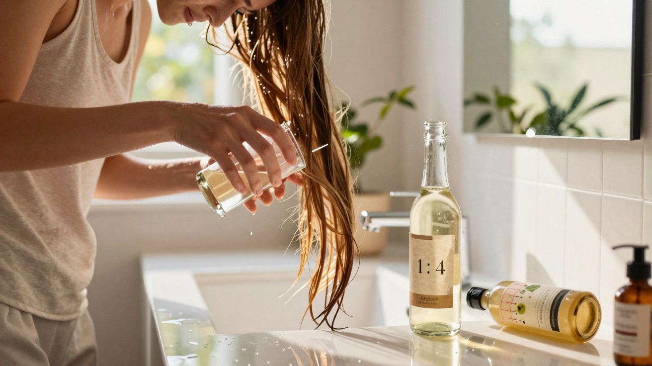 Pessoa aplicando líquido no cabelo em banheiro com garrafas de produto sobre a pia.