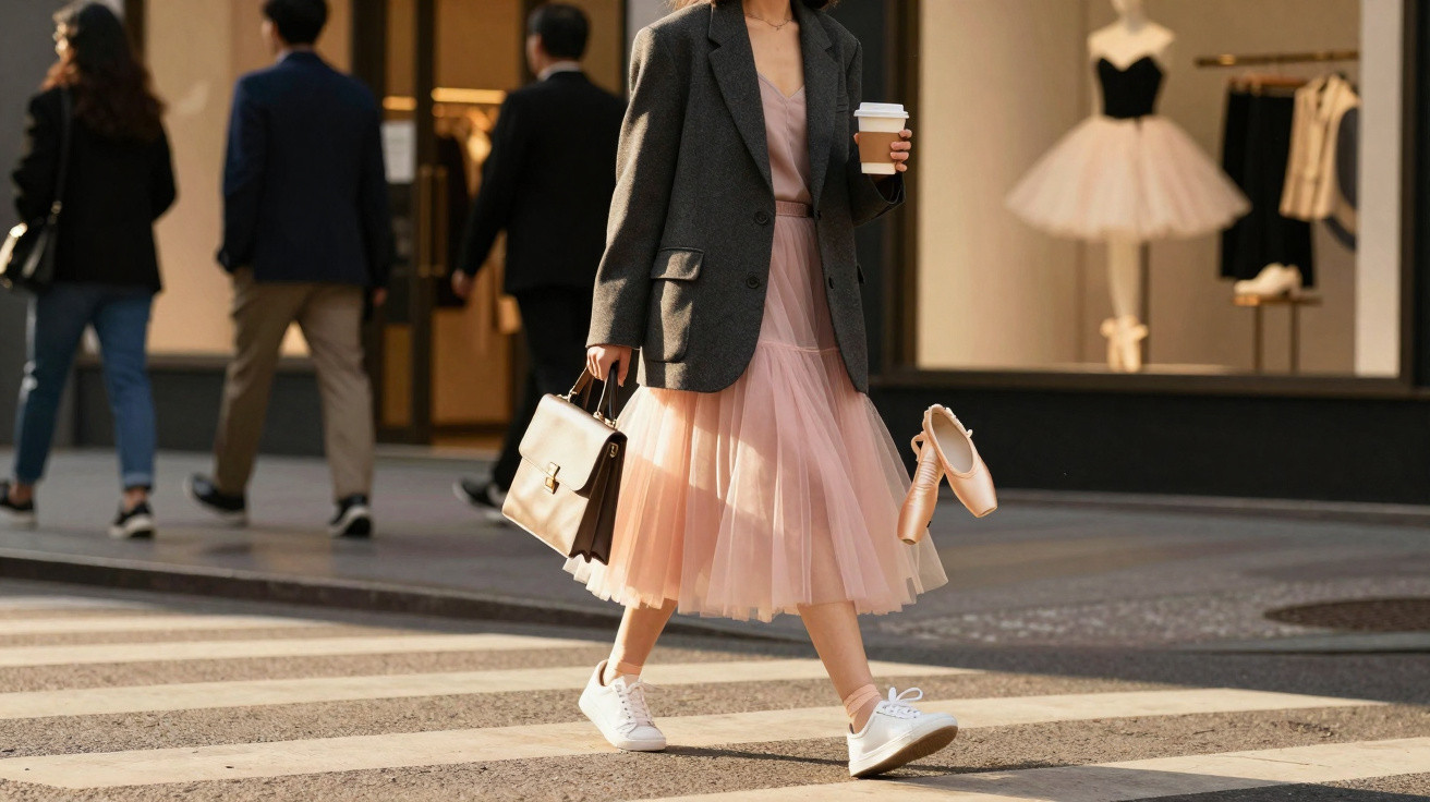 Pessoa caminhando na rua com vestido rosa, blazer cinza, tênis branco, segurando sapatilha de balé e café.