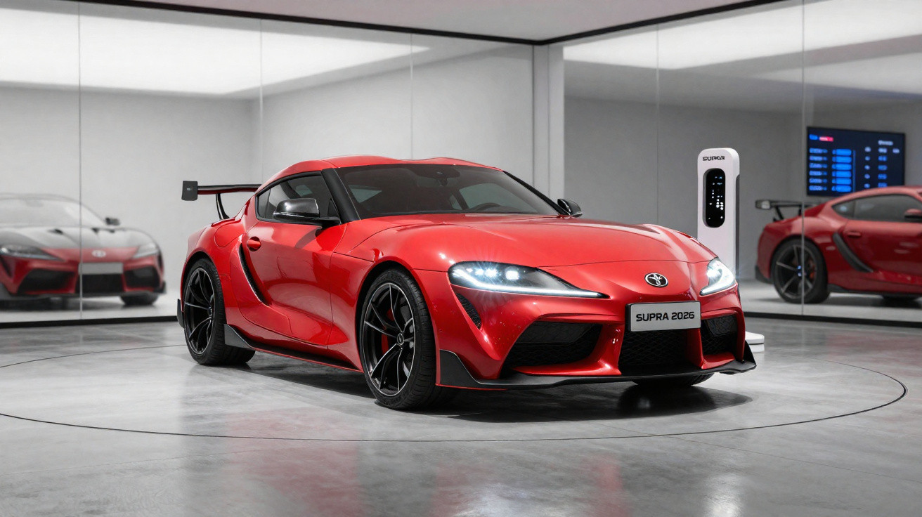 Carro esportivo vermelho Toyota Supra 2026 em showroom com camarote de espelhos e carregador elétrico.