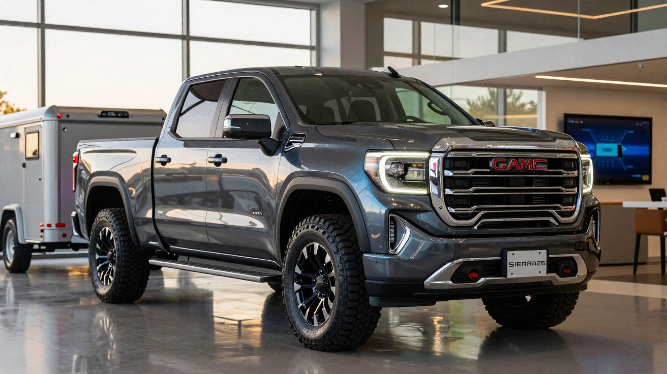 Picape GMC cinza estacionada em showroom, com trailer branco acoplado na traseira.