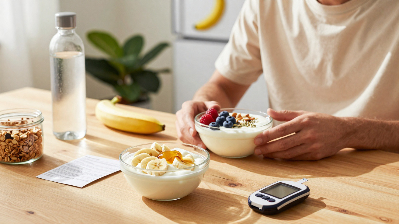 Pessoa segurando tigela de iogurte com frutas, ao lado de tigela com banana e aparelho de medição glicêmica.