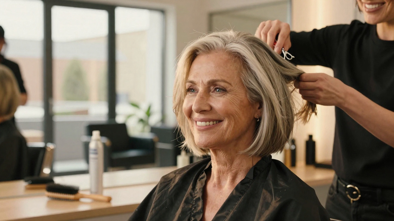 Mulher sorrindo enquanto recebe corte de cabelo em salão moderno e bem iluminado.