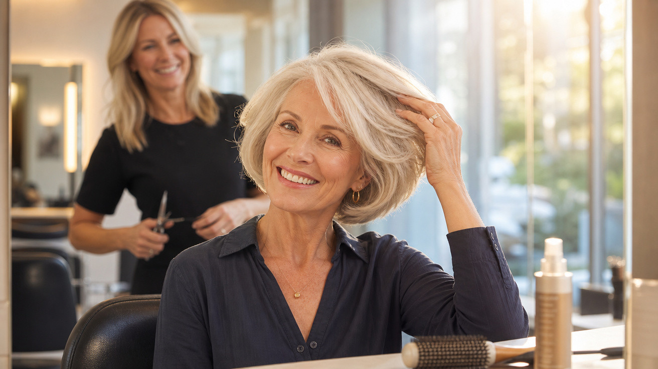 Mulher sorridente com cabelo grisalho curto em salão de beleza, cabeleireira ao fundo com tesoura na mão.