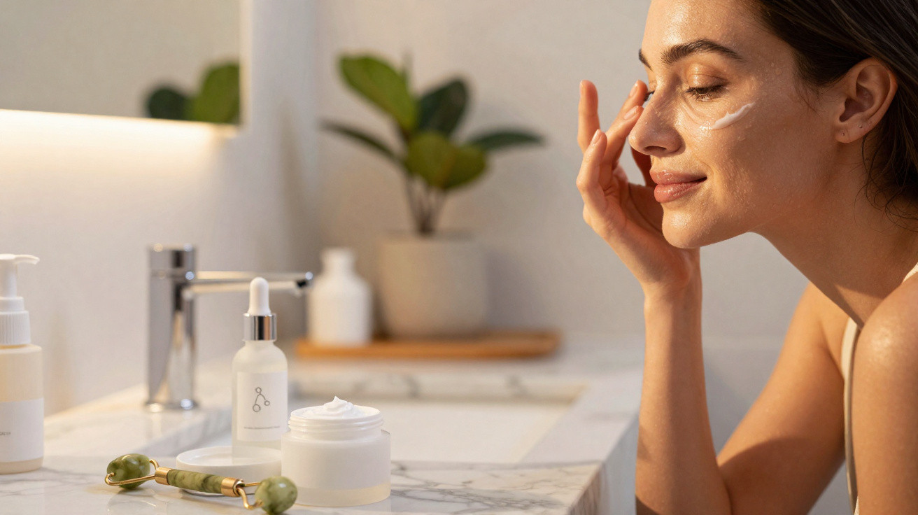 Mulher aplicando creme facial com produtos de skincare sobre bancada de banheiro.