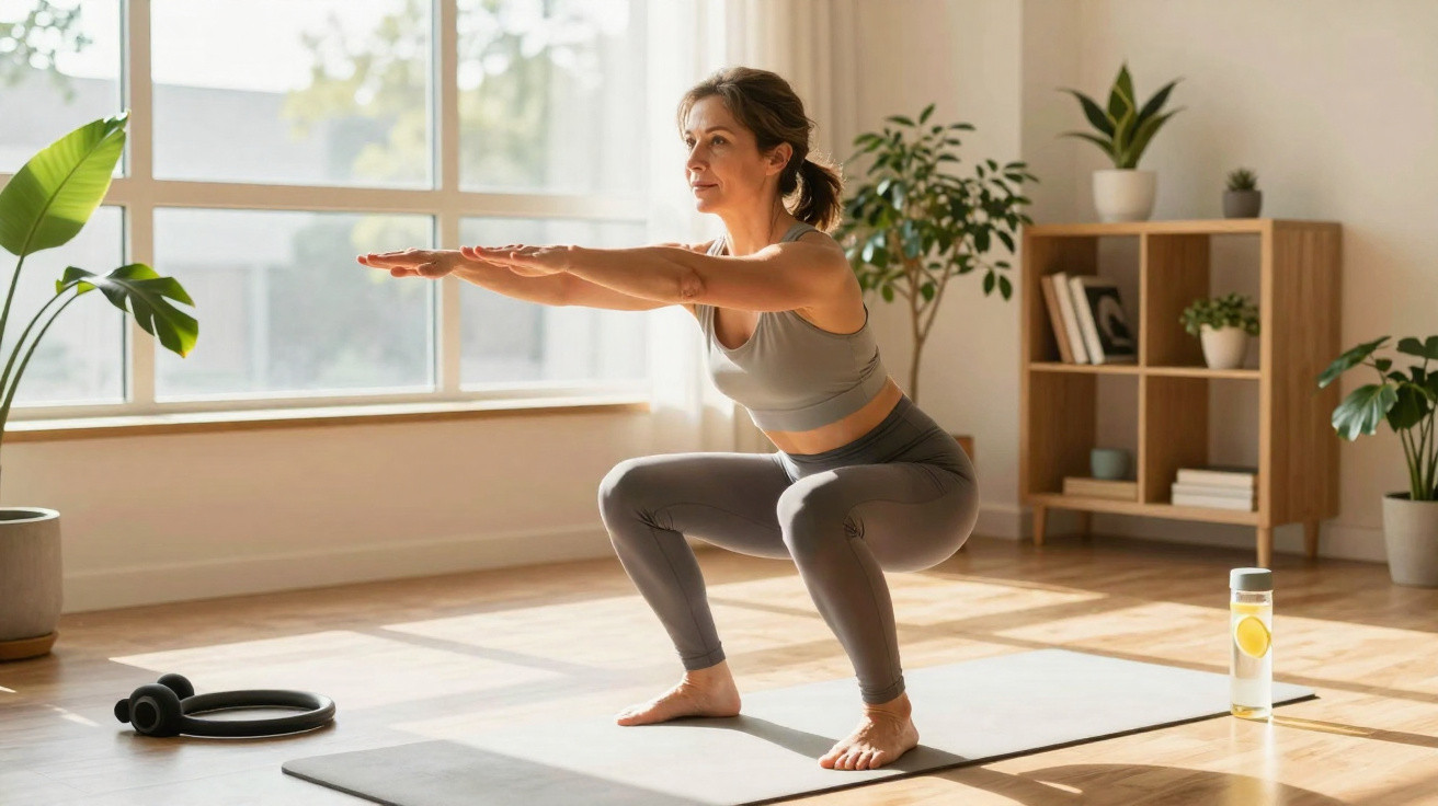 Mulher fazendo agachamento em tapete de yoga em sala iluminada com plantas e apoio de treino.