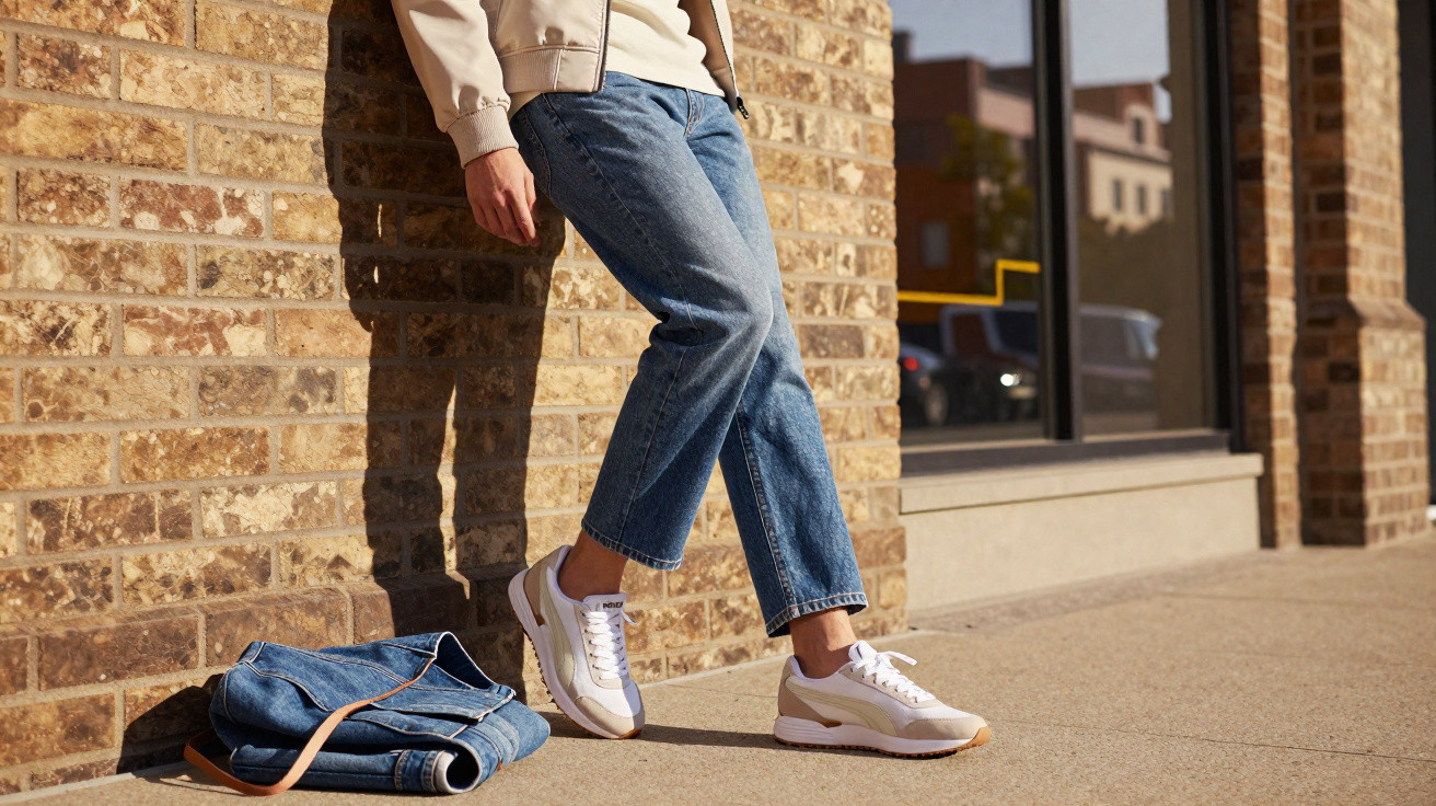 Pessoa usando tênis branco e calça jeans encostada em parede de tijolos com jaqueta jeans no chão.