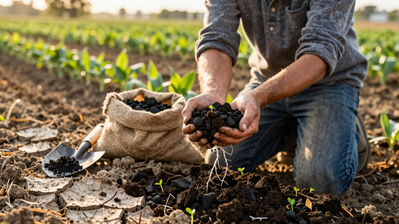 Pessoa ajoelhada no campo segurando terra com mudas, ao lado de pá e saco com fertilizante.