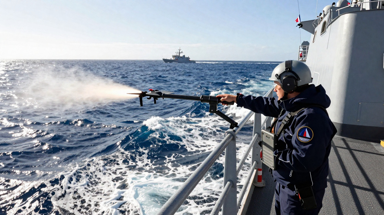 Pessoa com uniforme de proteção disparando lança-chamas em navio no mar aberto durante o dia.