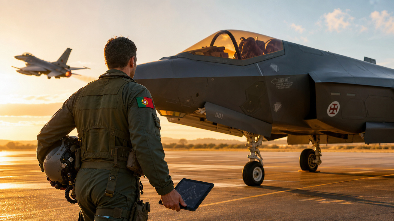 Piloto português olhando para caça no solo ao pôr do sol, com outro caça voando ao fundo.