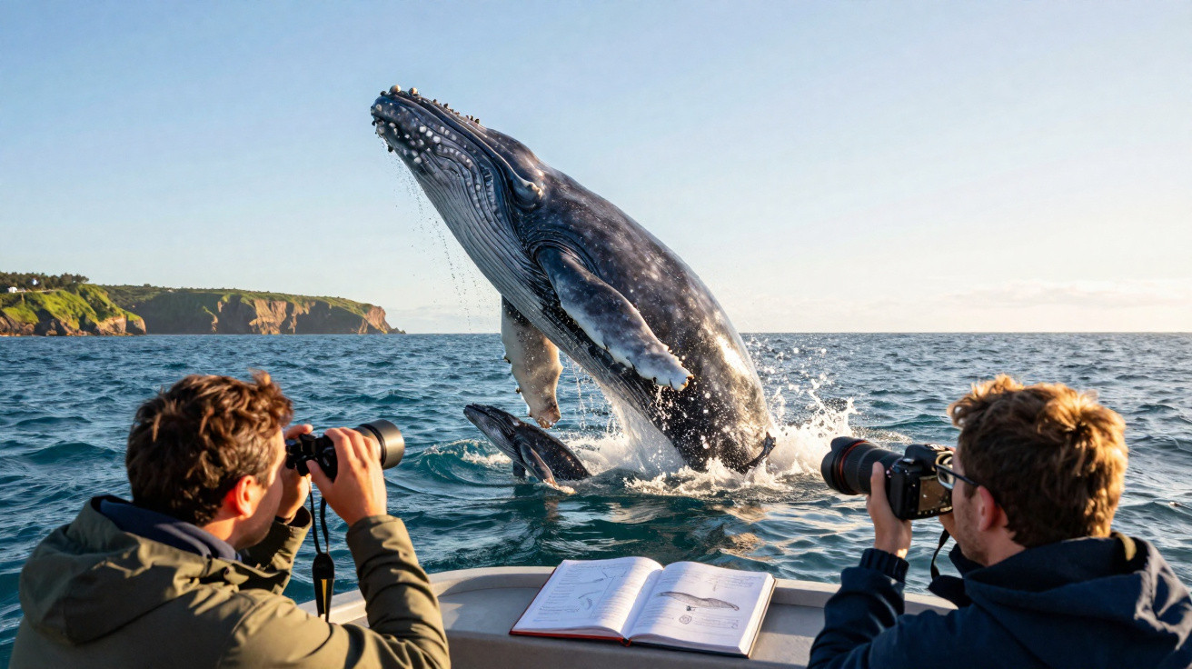 Baleia saltando ao lado de barco com dois homens fotografando e livro aberto sobre o convés.