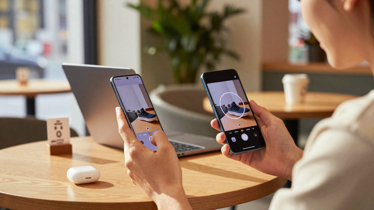 Pessoa segurando dois smartphones fotografando um tênis sobre uma mesa com notebook e fone de ouvido.