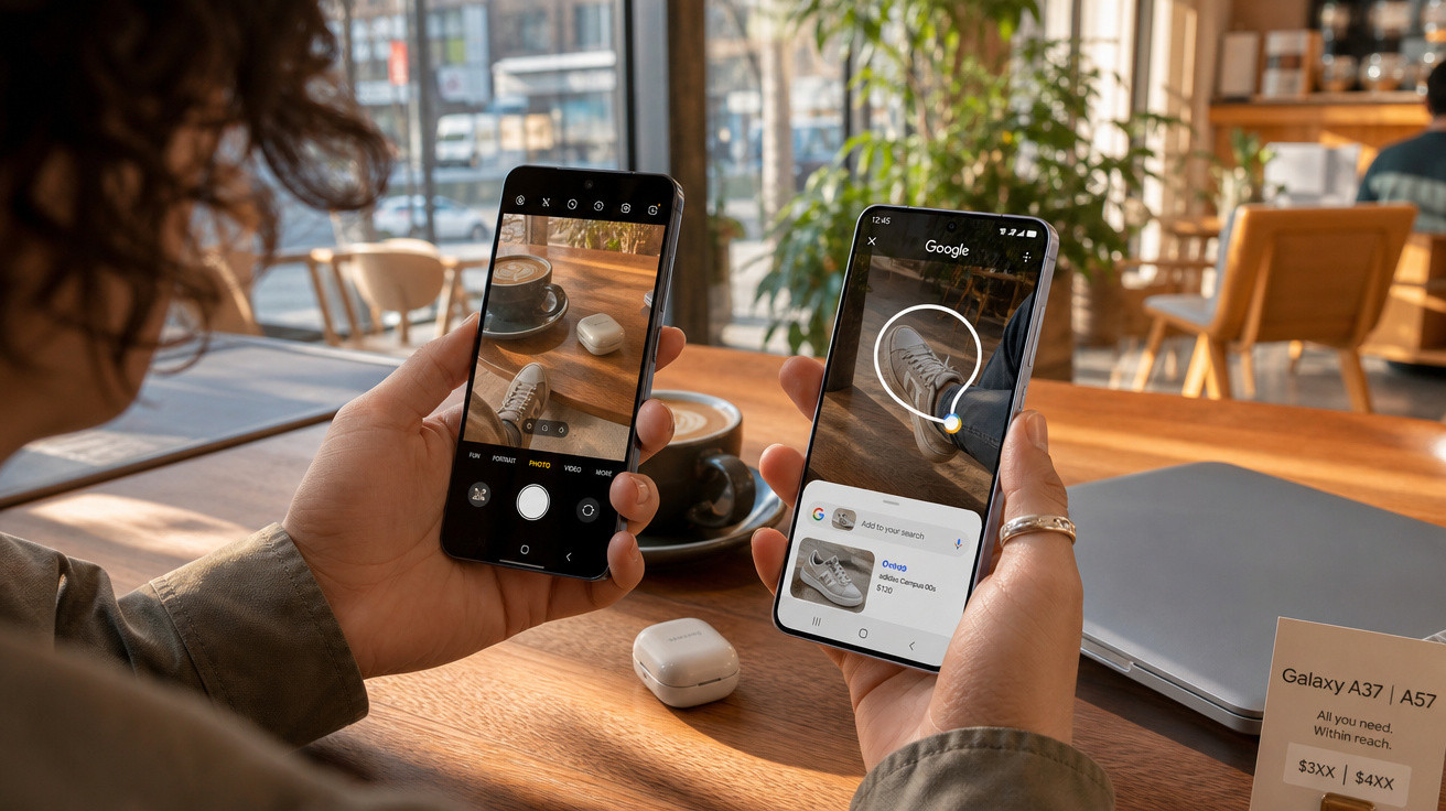 Pessoa usando dois smartphones para pesquisar um tênis em uma cafeteria com mesa de madeira.