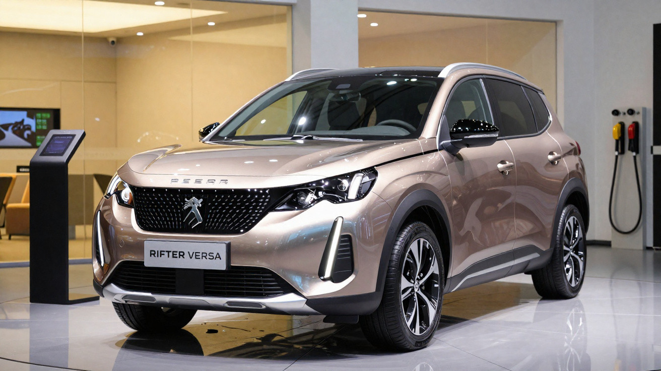 SUV prata Peugeot Rifter Versa exibido em ambiente interno com detalhes em vidro e iluminação moderna.
