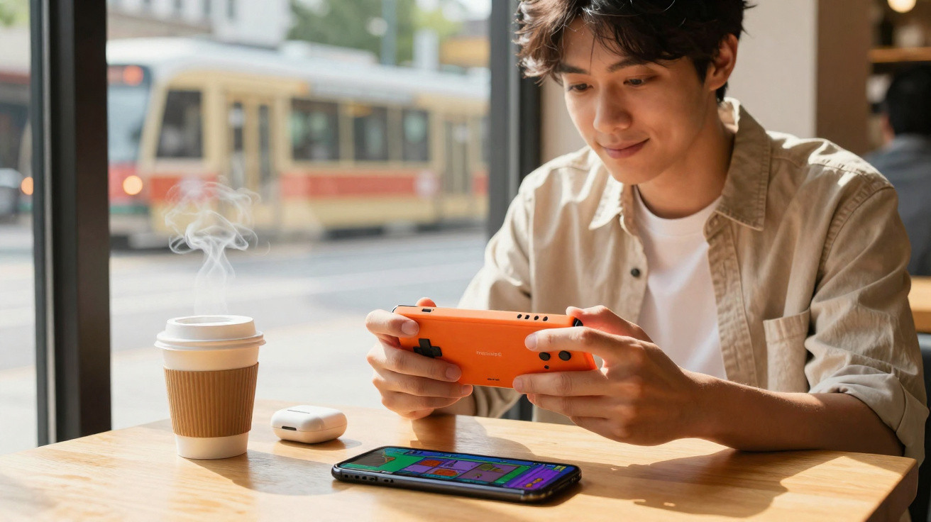 Jovem sentado em cafeteria jogando em console portátil laranja, com café e celular na mesa ao lado.