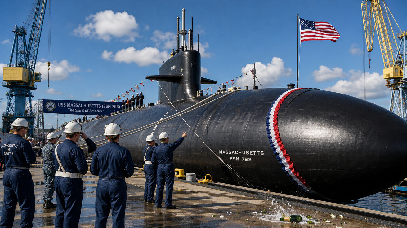 Submarino USS Massachusetts SSN 798 em doca seca com tripulantes e bandeira dos EUA ao fundo.