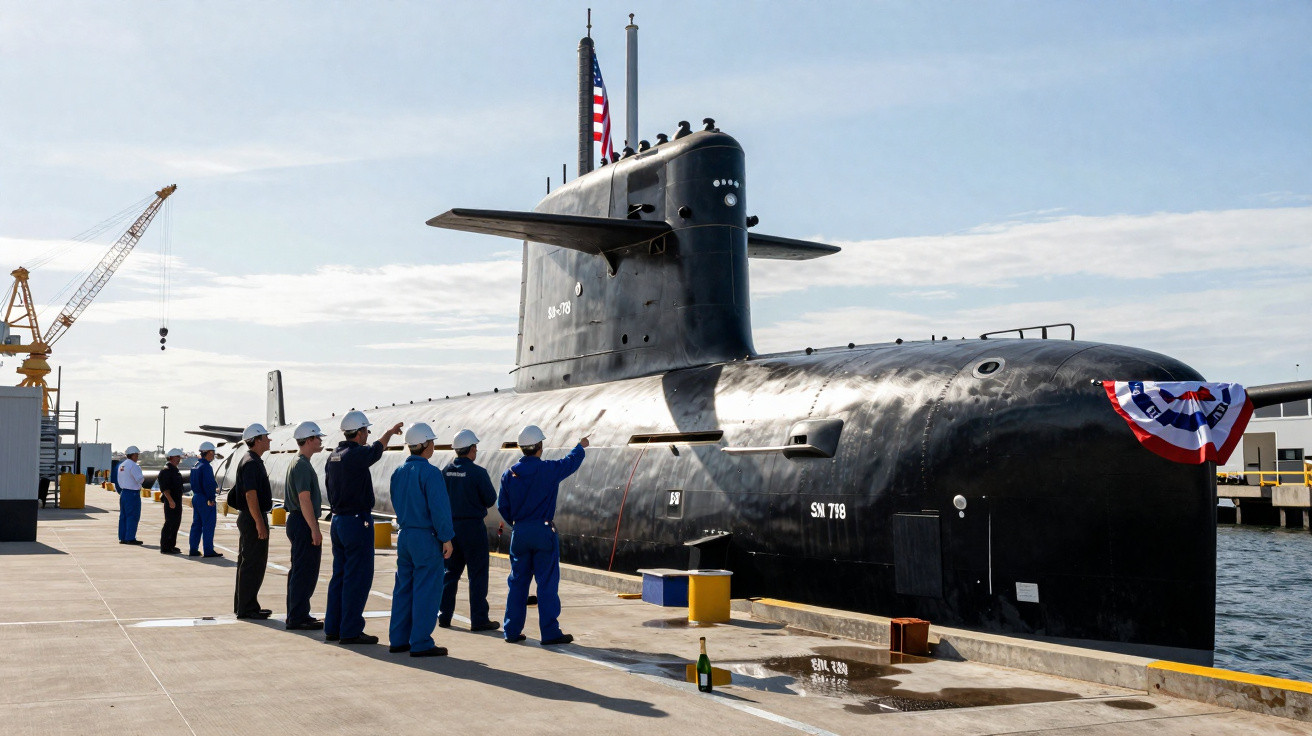 Submarino preto atracado, com grupo de pessoas de uniformes azuis e capacetes observando na doca.