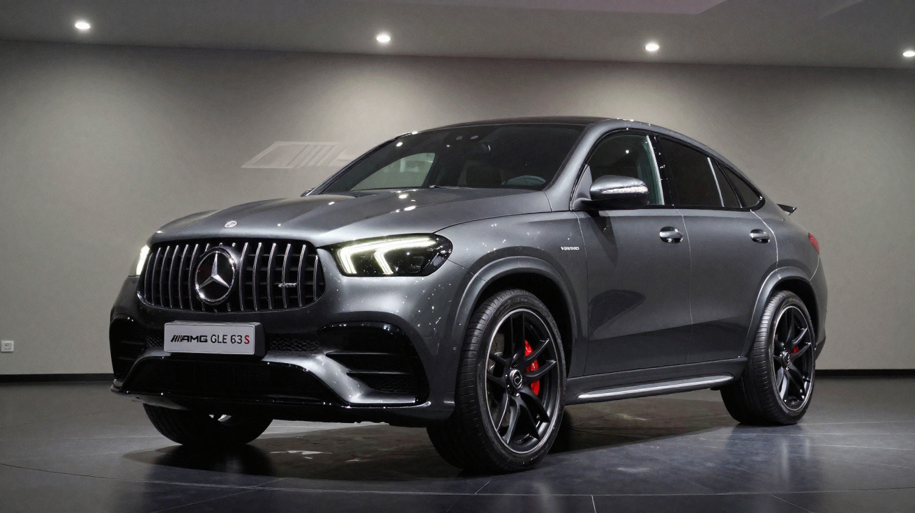 Mercedes-Benz AMG GLE 63 S cinza com faróis acesos em ambiente interno com piso escuro.