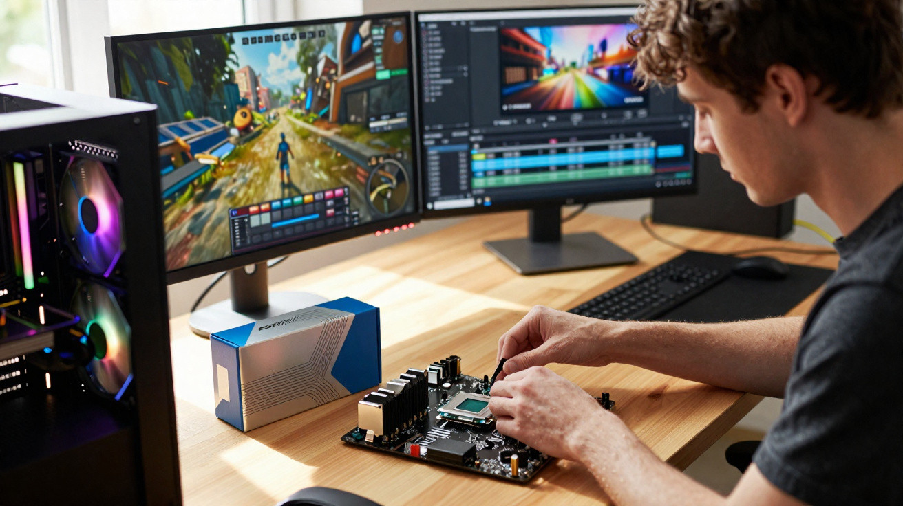 Homem montando placa-mãe em mesa com computador e dois monitores ao fundo exibindo jogo e edição.