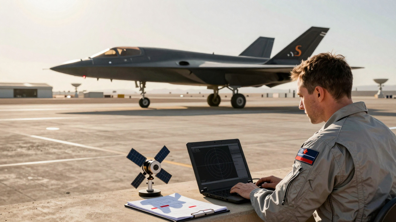 Homem com uniforme militar opera laptop próximo a jato stealth em pista de decolagem ao entardecer.
