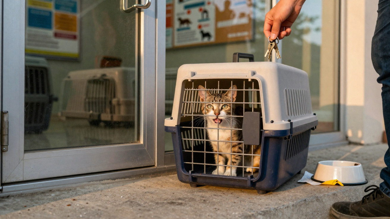 Gato dentro de transportadora segurada por pessoa em frente à porta de veterinário com comedouro próximo.