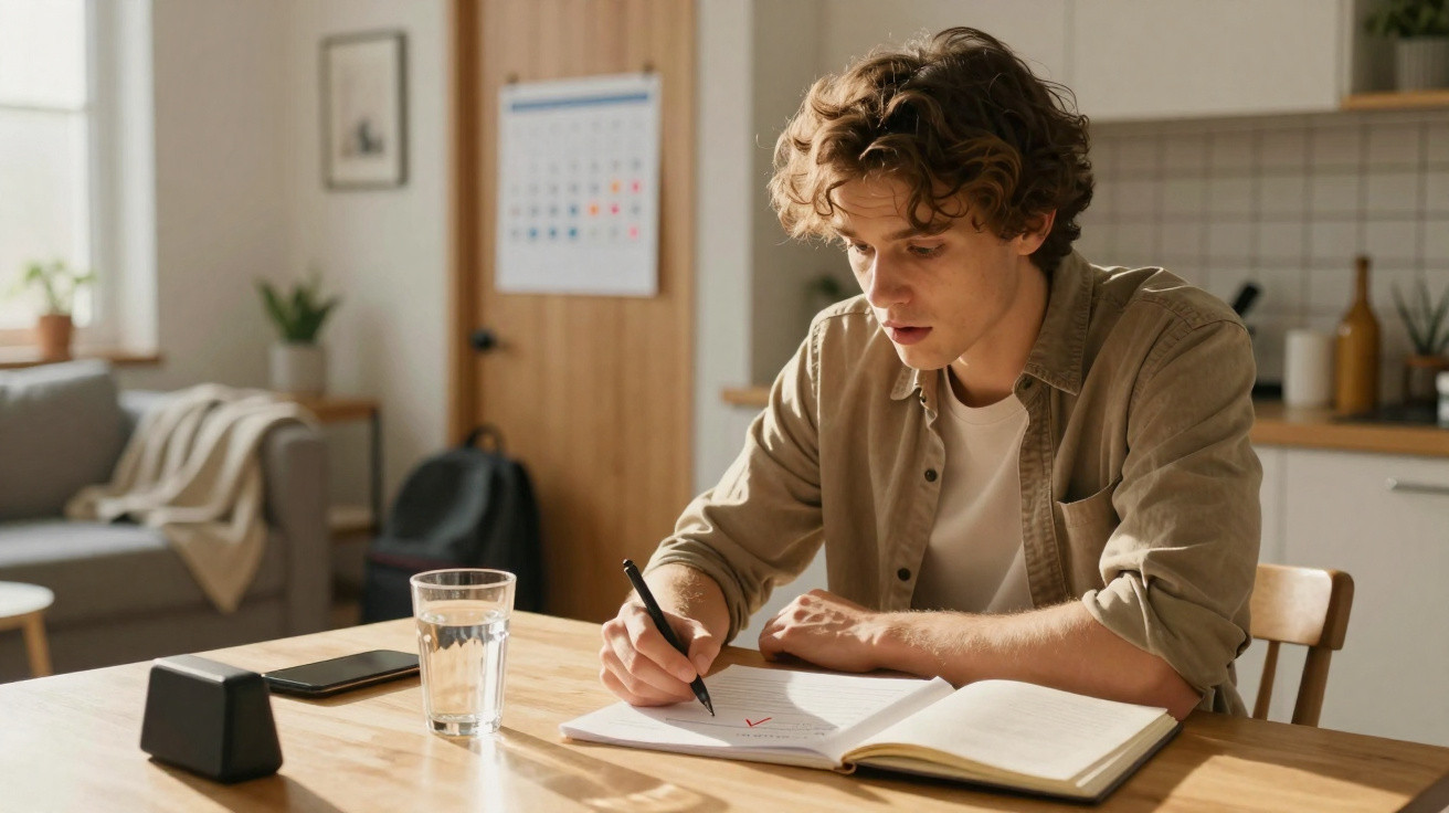 Jovem concentrado escrevendo em caderno à mesa de madeira em ambiente claro e aconchegante.