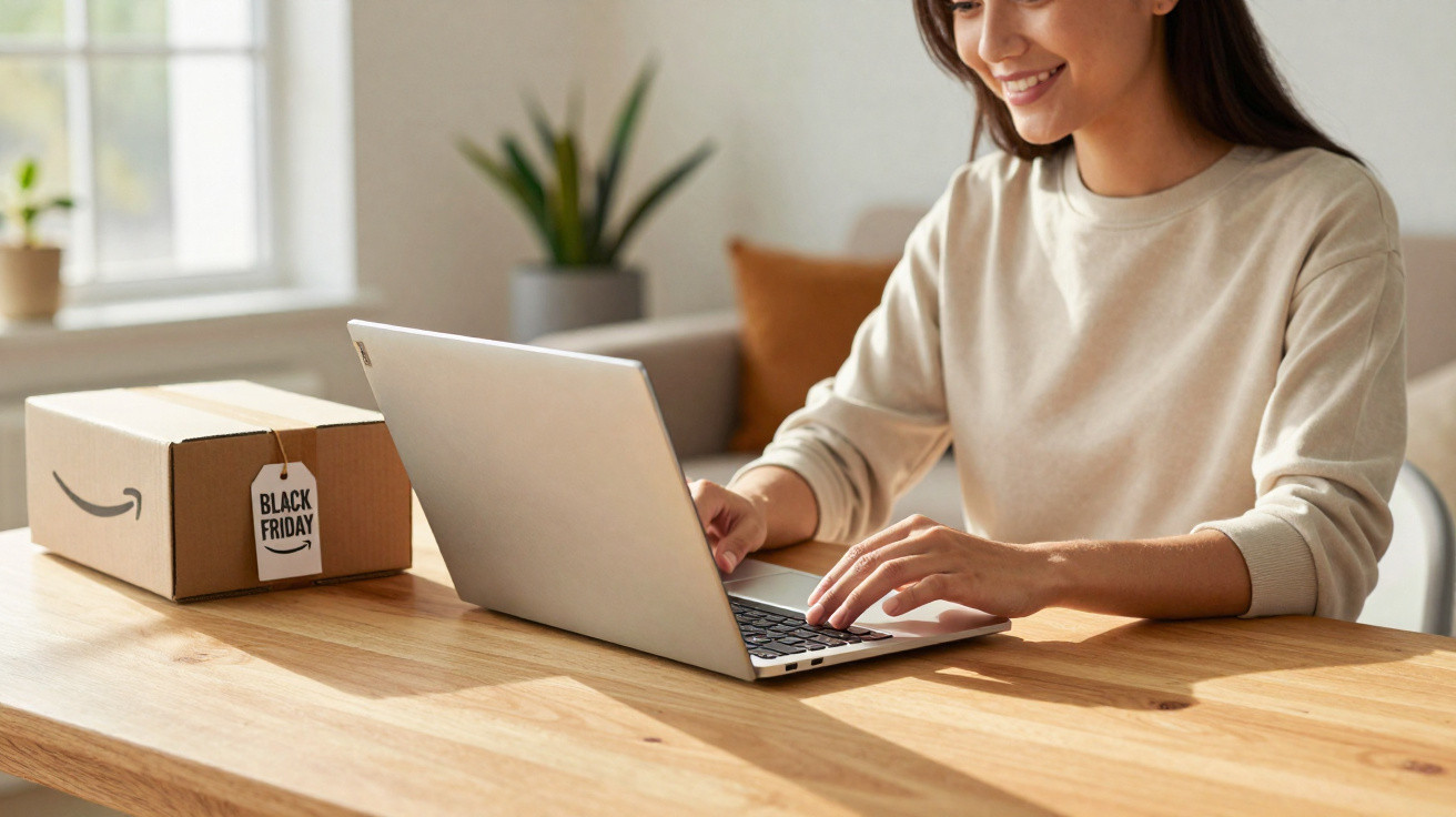 Mulher sorridente usando laptop para compras online, caixa com etiqueta Black Friday ao lado.