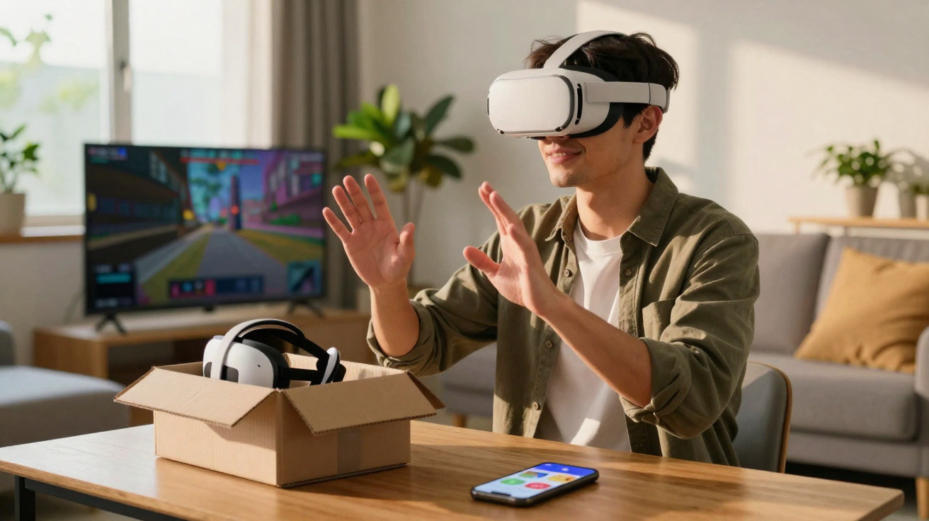 Homem usando óculos de realidade virtual sentado à mesa com acessórios e smartphone à frente.